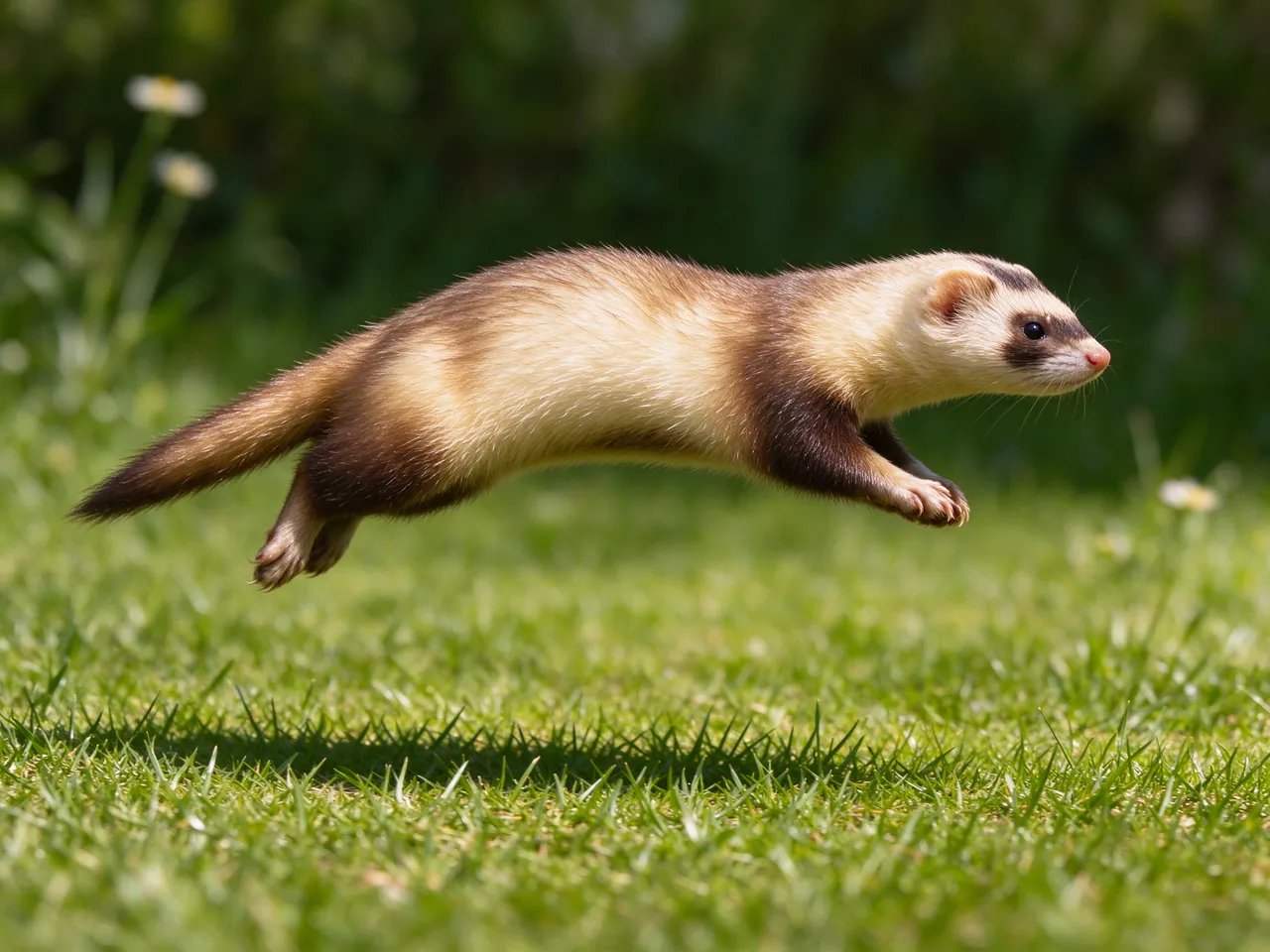 A cream and brown ferret with dark eye markings is captured mid-bounding hop over bright green sunlit grass.