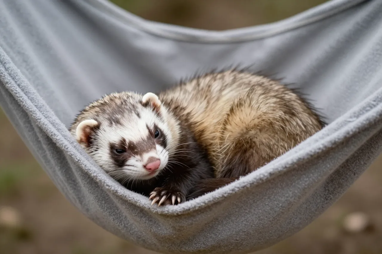 A domestic ferret curls up resting inside a soft gray fleece hammock with a blurred outdoor background.