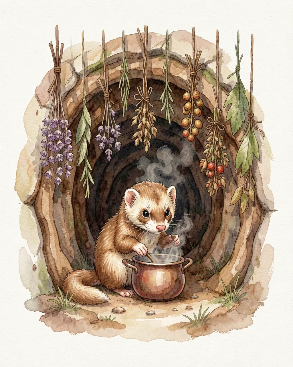 Watercolor illustration of a ferret stirring a steaming copper pot inside a cozy tree tunnel lined with hanging dried herbs