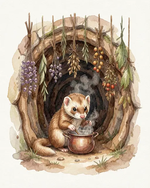 Watercolor illustration of a ferret stirring a steaming copper pot inside a cozy tree tunnel lined with hanging dried herbs