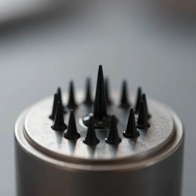 Sharp black ferrofluid spikes rise from a silver cylindrical magnet against a blurred gray background