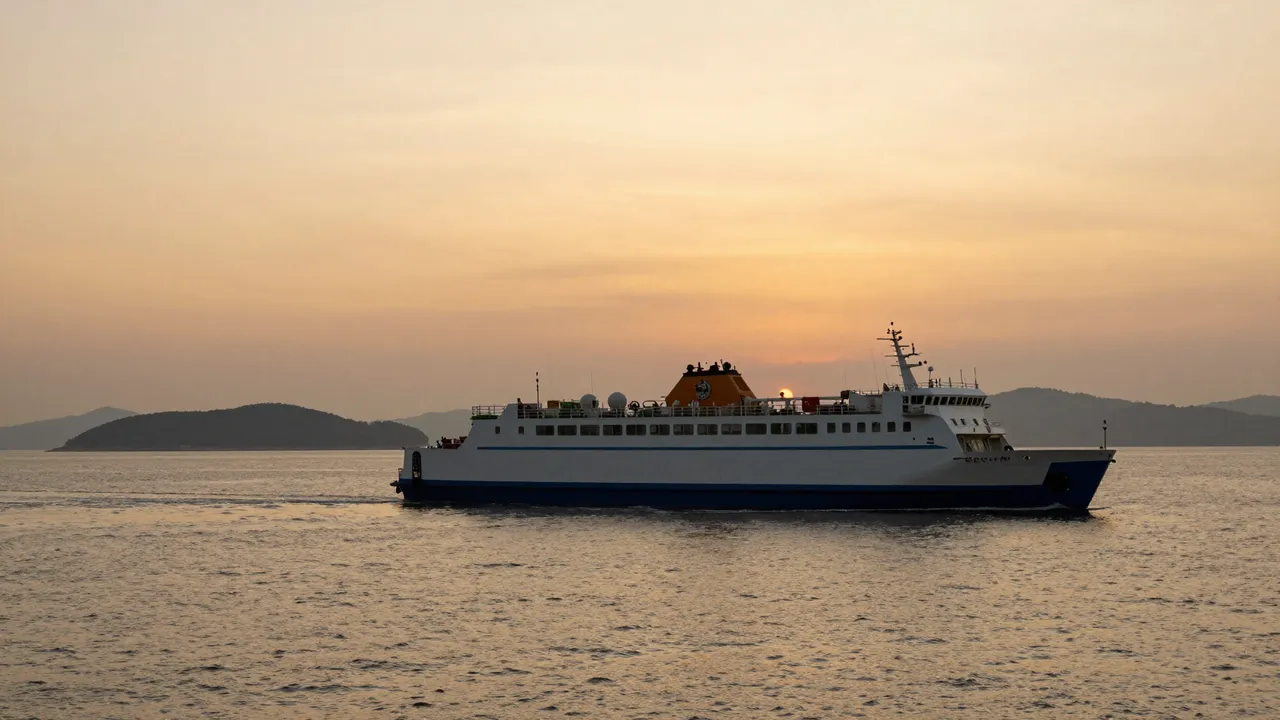 A passenger ferry sails across calm golden water with distant islands under a warm hazy sunset sky.