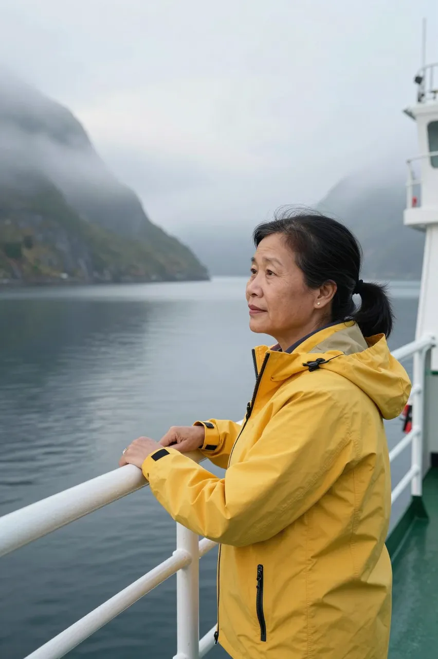 Side view of a middle aged Southeast Asian woman in a yellow jacket leaning on ferry rail overlooking a misty calm fjord at