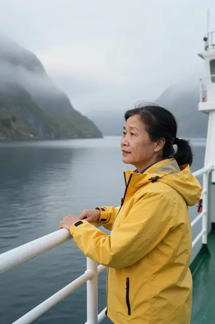 Side view of a middle aged Southeast Asian woman in a yellow jacket leaning on ferry rail overlooking a misty calm fjord at