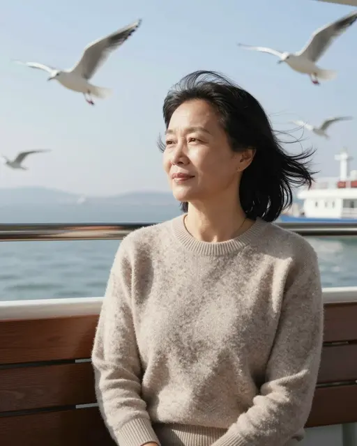 A middle aged East Asian woman sits on a ferry bench as seagulls fly overhead on sunny open water.