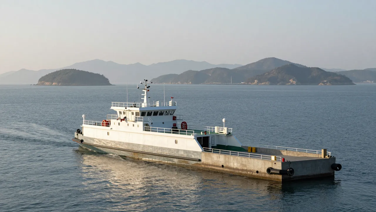 A white concrete ferry travels across calm hazy sea past distant islands at dawn