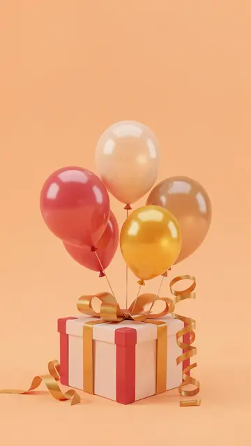Glossy balloons, a wrapped gift box and golden streamers sit on a pastel orange background with empty upper space.