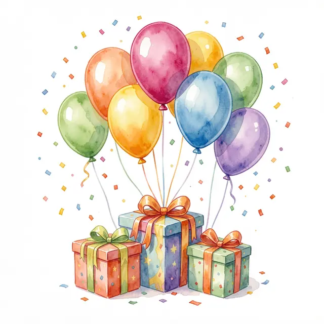 Watercolor illustration of colorful party balloons tied to wrapped gift boxes with scattered confetti on a white background