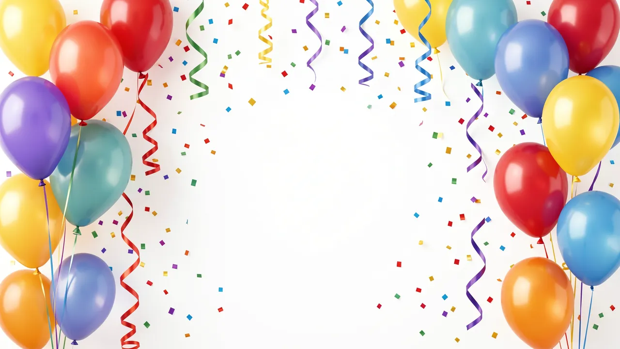 Colorful balloons, curly streamers and scattered confetti frame a blank white central space