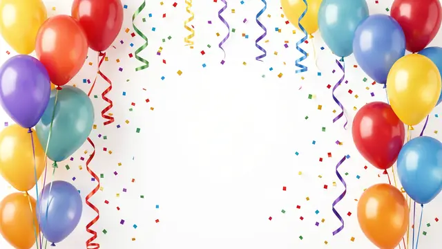 Colorful balloons, curly streamers and scattered confetti frame a blank white central space
