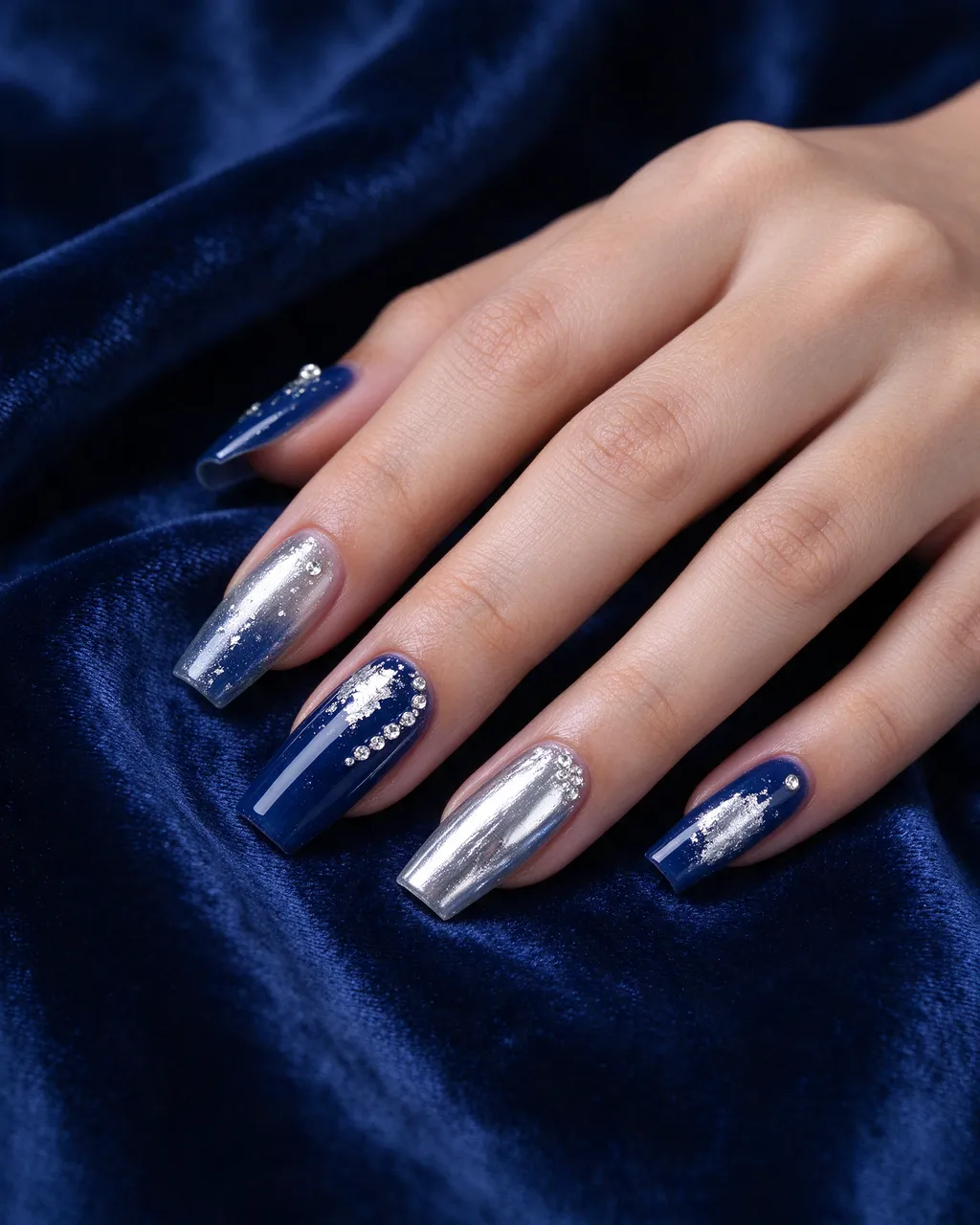 A hand with decorative coffin-style manicure rests on midnight blue velvet fabric
