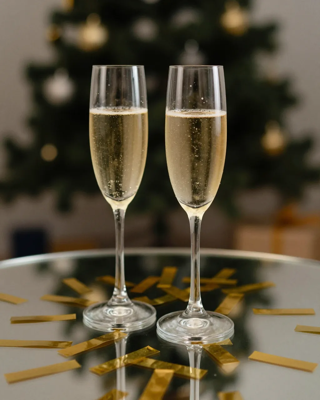 Two full champagne flutes sit on a mirrored table scattered with gold confetti with a blurred Christmas tree behind them.
