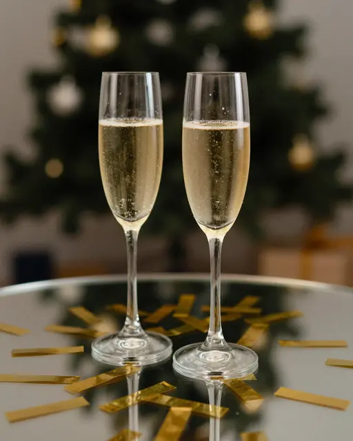 Two full champagne flutes sit on a mirrored table scattered with gold confetti with a blurred Christmas tree behind them.
