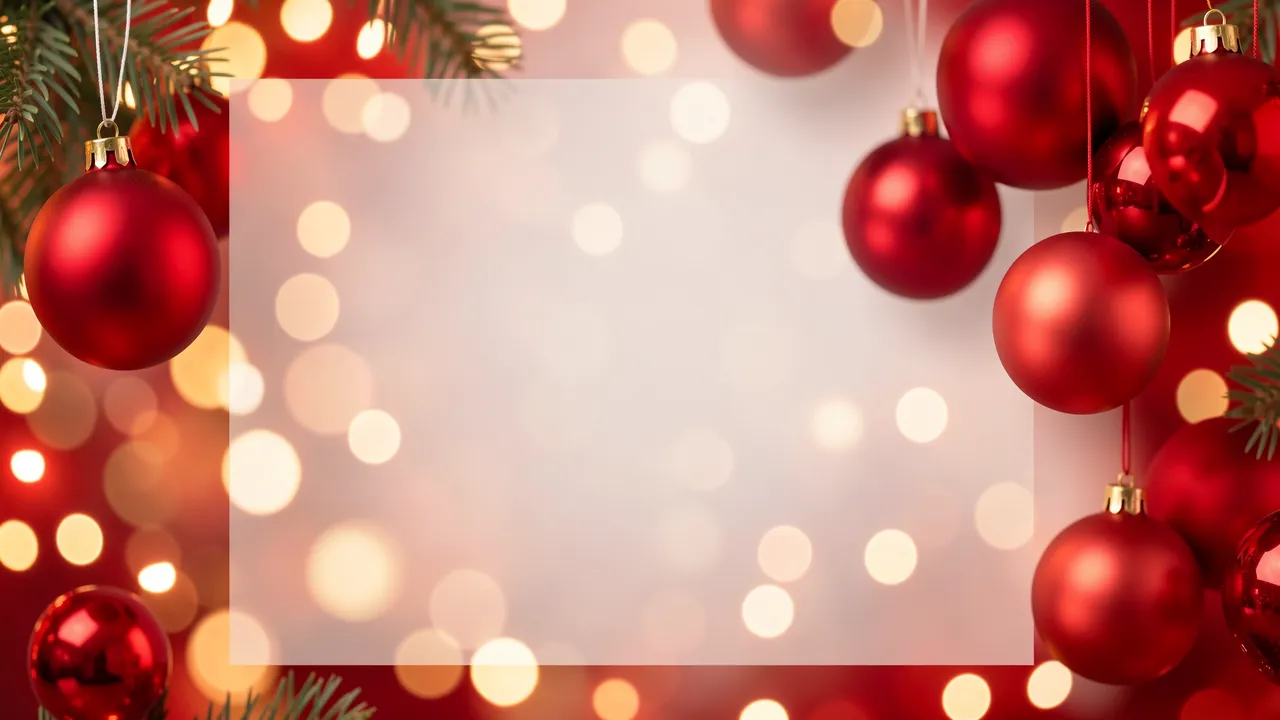 Blank semi-transparent copy space framed by red Christmas baubles, pine needles, and warm golden bokeh lights