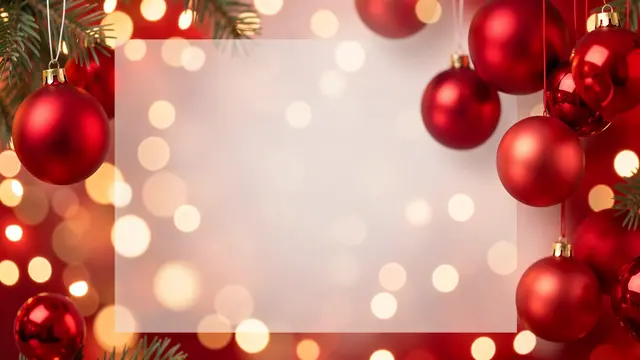 Blank semi-transparent copy space framed by red Christmas baubles, pine needles, and warm golden bokeh lights