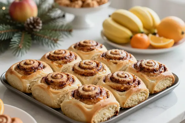 Glazed cinnamon rolls sit on a metal tray next to a fruit platter and holiday pine decor on a marble table.