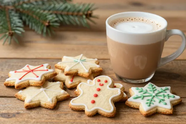 Iced Christmas sugar cookies sit beside a frothy mug of hot cocoa on a wooden table with pine decor