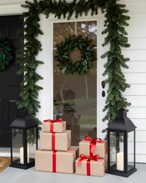A front porch decorated for Christmas with fir garland, lanterns and wrapped gift boxes