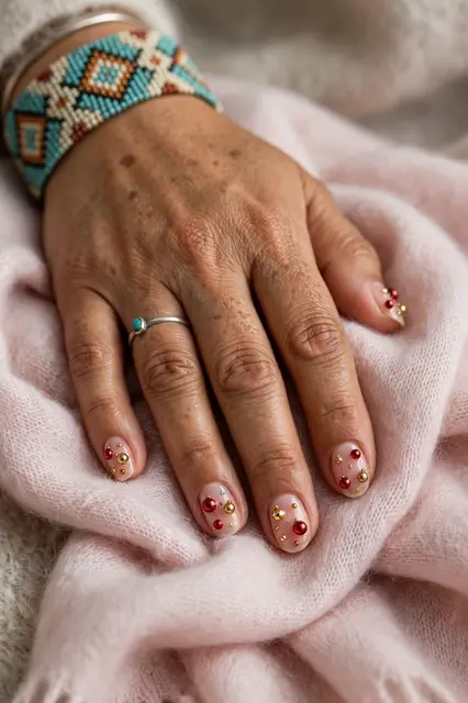 Close-up of a hand with holiday nail art resting on a soft pink cashmere scarf
