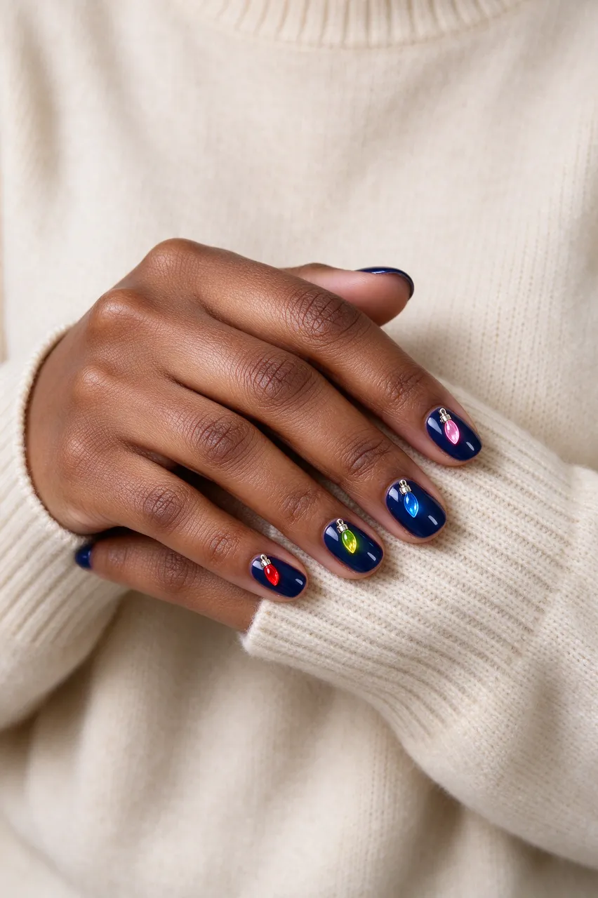 A close-up of a Black woman's hand with navy Christmas light nail art resting on a cream sweater.