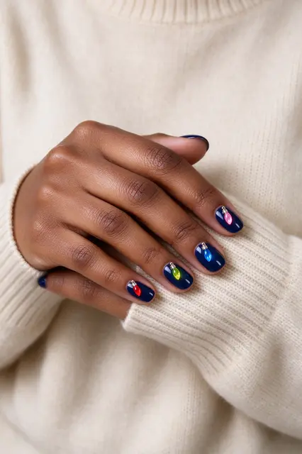 A close-up of a Black woman's hand with navy Christmas light nail art resting on a cream sweater.