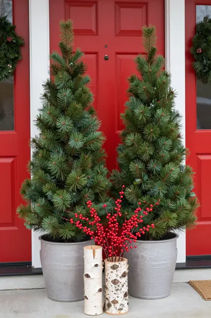 Potted evergreen trees and festive accents flank a bright red front door for holiday decor