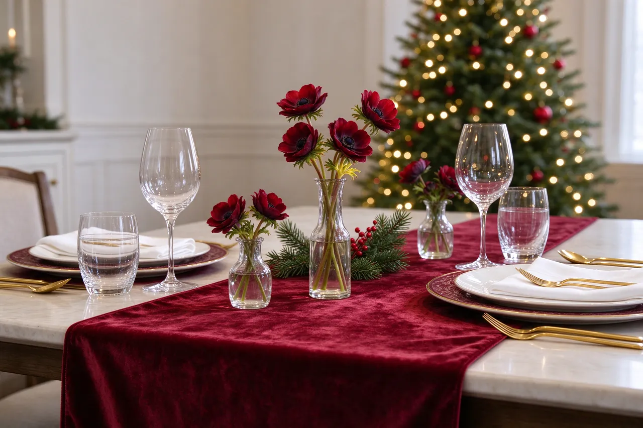 Elegant Christmas dining table with burgundy runner, gold cutlery, anemone vases and a lit tree in the background