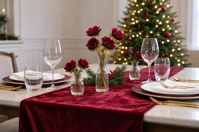 Elegant Christmas dining table with burgundy runner, gold cutlery, anemone vases and a lit tree in the background