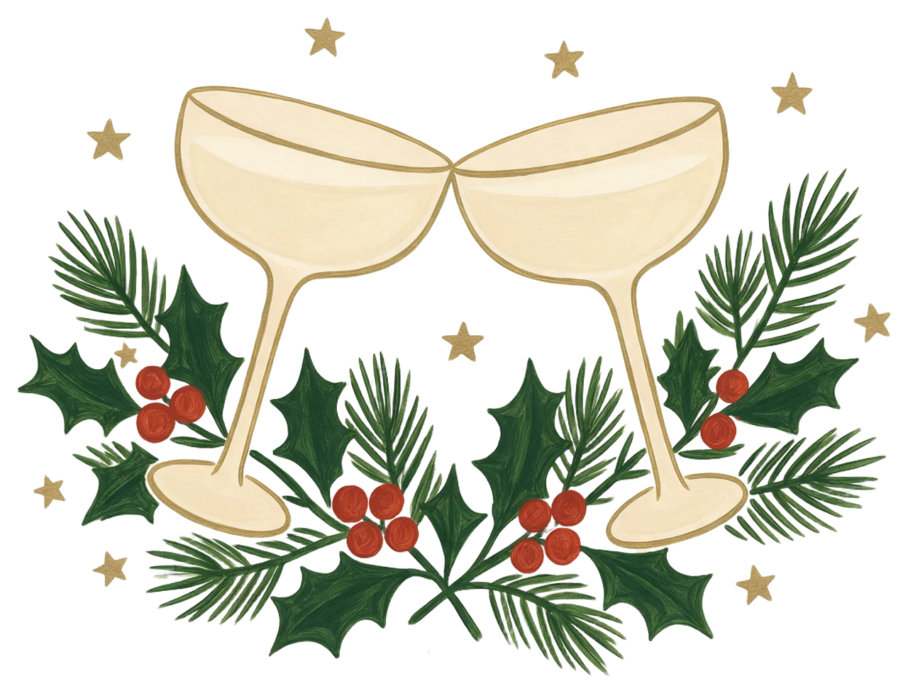 Hand-painted illustration of two clinking champagne coupe glasses surrounded by holly, pine and gold stars