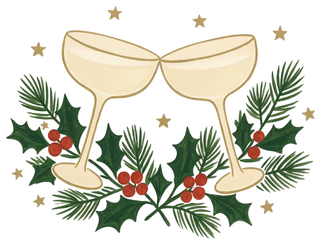 Hand-painted illustration of two clinking champagne coupe glasses surrounded by holly, pine and gold stars