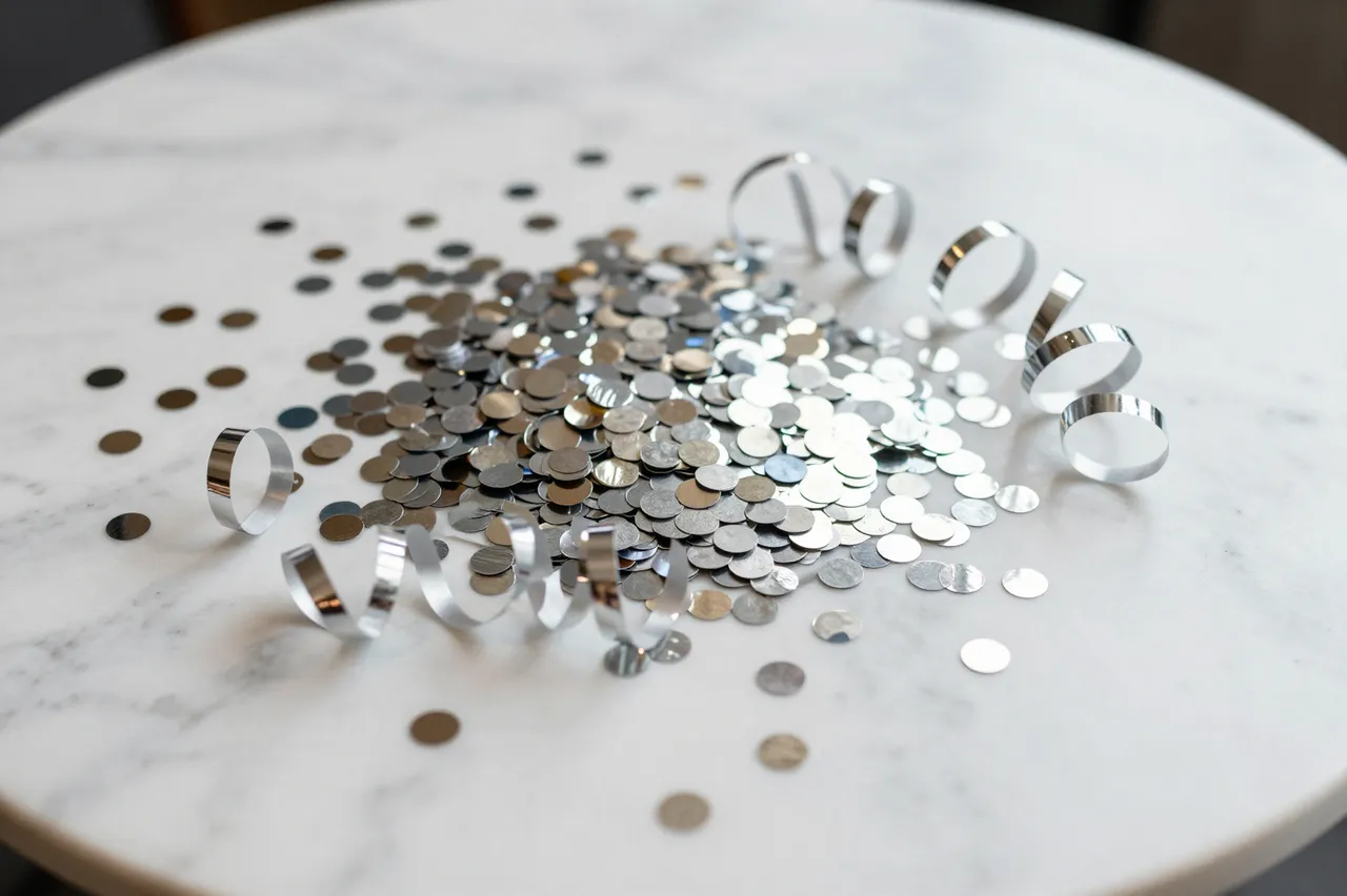 Metallic round confetti and curled silver streamers scattered across a white marble tabletop