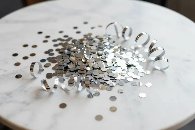 Metallic round confetti and curled silver streamers scattered across a white marble tabletop