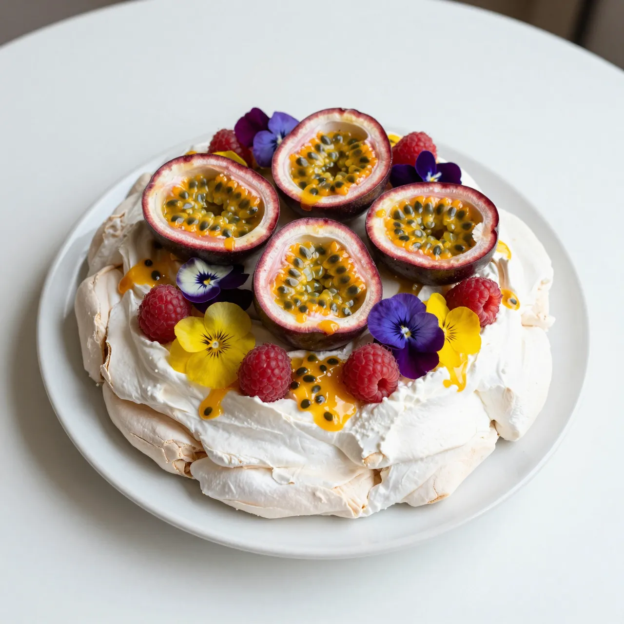 Overhead view of a decorated pavlova topped with passion fruit, raspberries and edible violas on a white plate