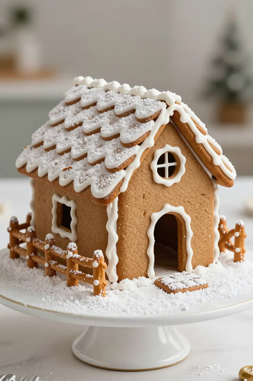 Decorated gingerbread chalet with icing details and pretzel fence sits on a white cake stand dusted with powdered sugar.
