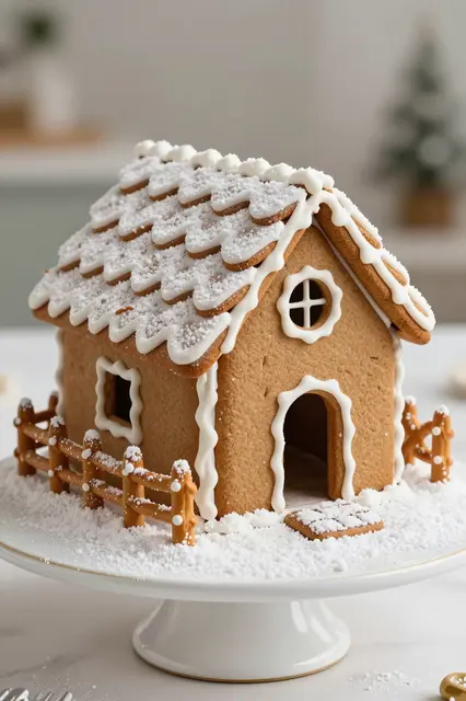 Decorated gingerbread chalet with icing details and pretzel fence sits on a white cake stand dusted with powdered sugar.