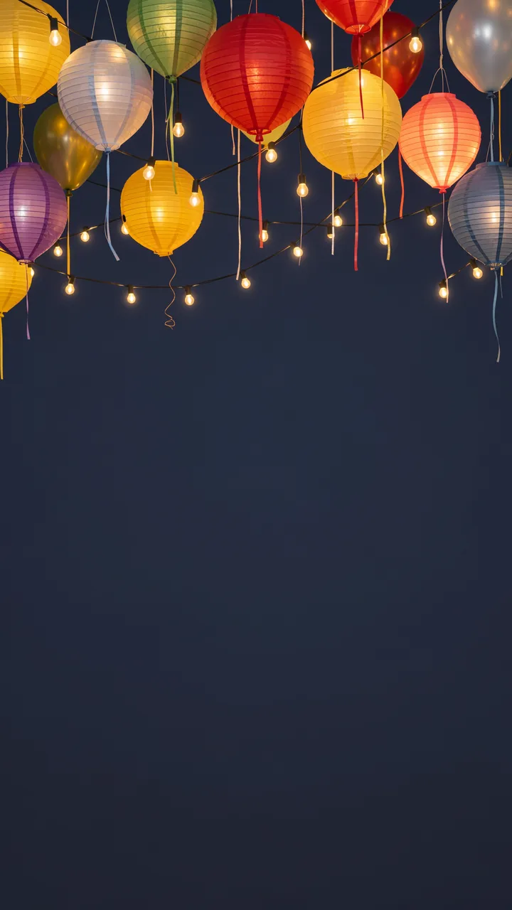 Colorful paper lanterns, string lights and balloons hang against a dusky navy sky with empty lower copy space