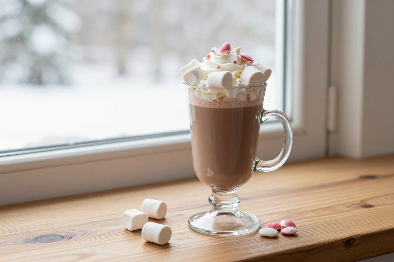 A glass mug of hot cocoa topped with whipped cream, marshmallows and peppermints sits on a wooden windowsill with a snowy