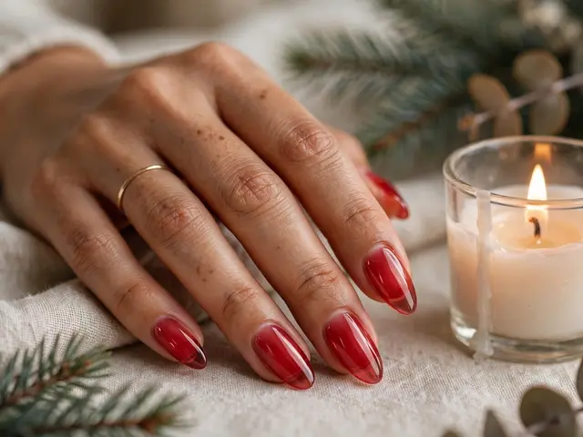 A hand with glossy red almond nails rests beside a lit candle and pine sprigs