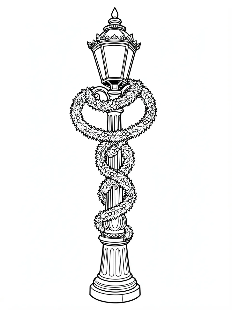 Black and white line art of an old fashioned lamp post wrapped in holiday garland on a plain white background