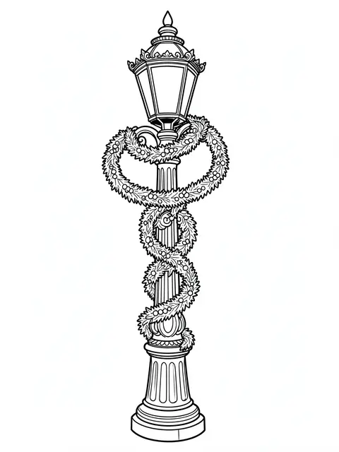 Black and white line art of an old fashioned lamp post wrapped in holiday garland on a plain white background