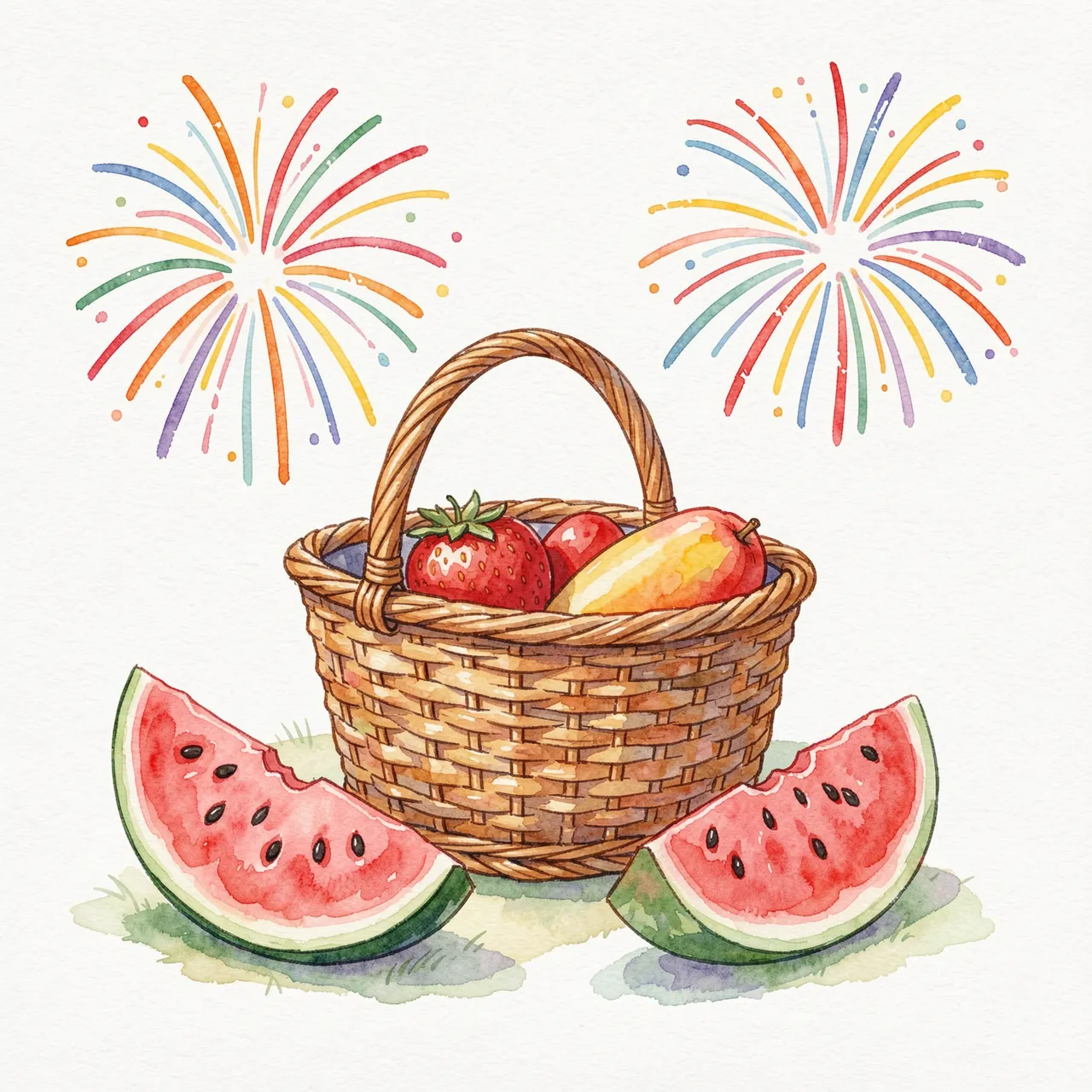 Watercolor picnic basket with fruit, watermelon slices, and colorful fireworks over soft grass.