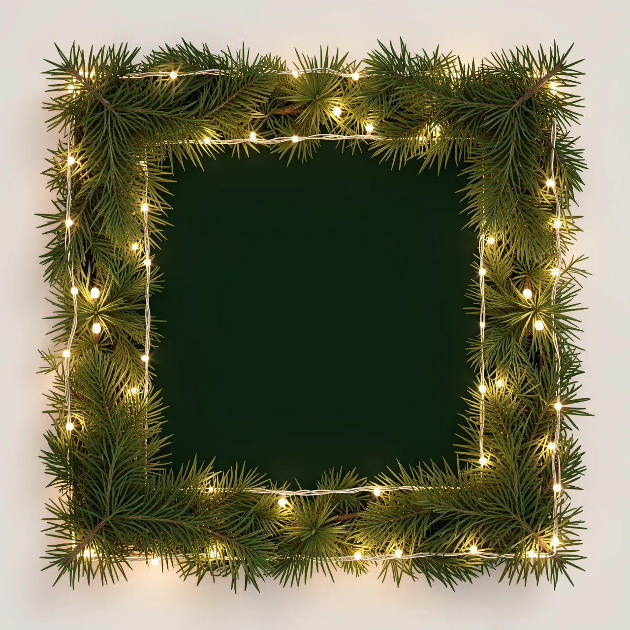 Square border of pine sprigs and glowing fairy lights surrounding an empty dark green center