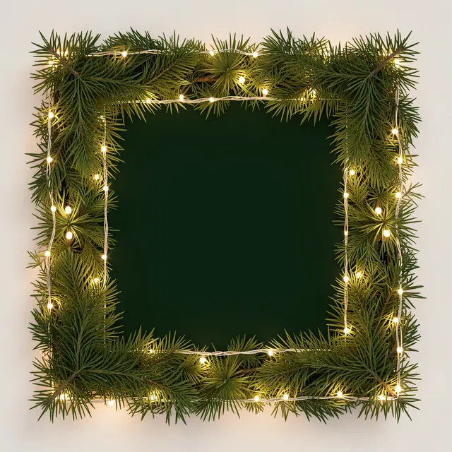 Square border of pine sprigs and glowing fairy lights surrounding an empty dark green center