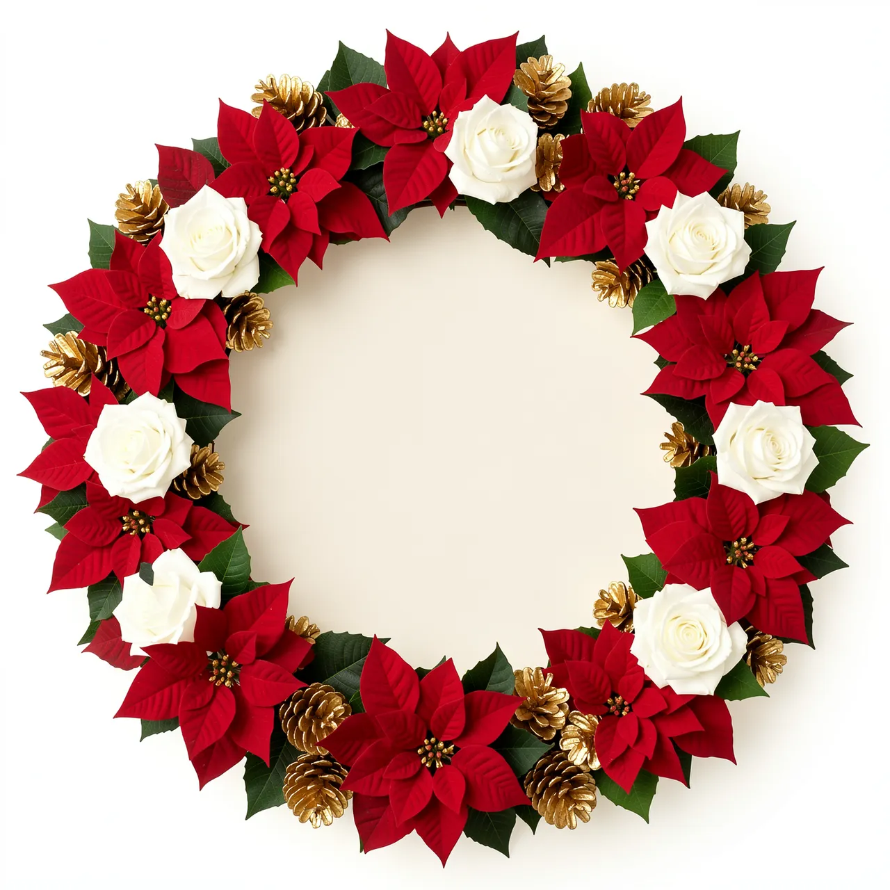 A circular wreath of red poinsettias, white roses and gilded pinecones surrounds a blank ivory copy space.
