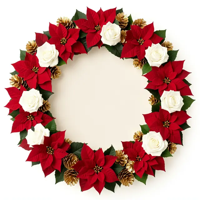 A circular wreath of red poinsettias, white roses and gilded pinecones surrounds a blank ivory copy space.