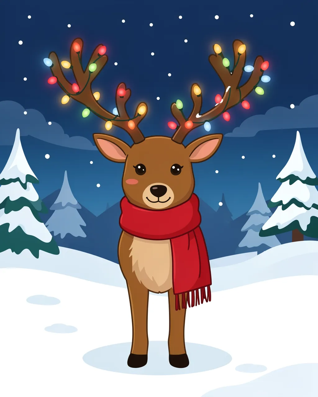 A cute cartoon reindeer wearing a red scarf stands in snowy woods with Christmas lights strung on its antlers