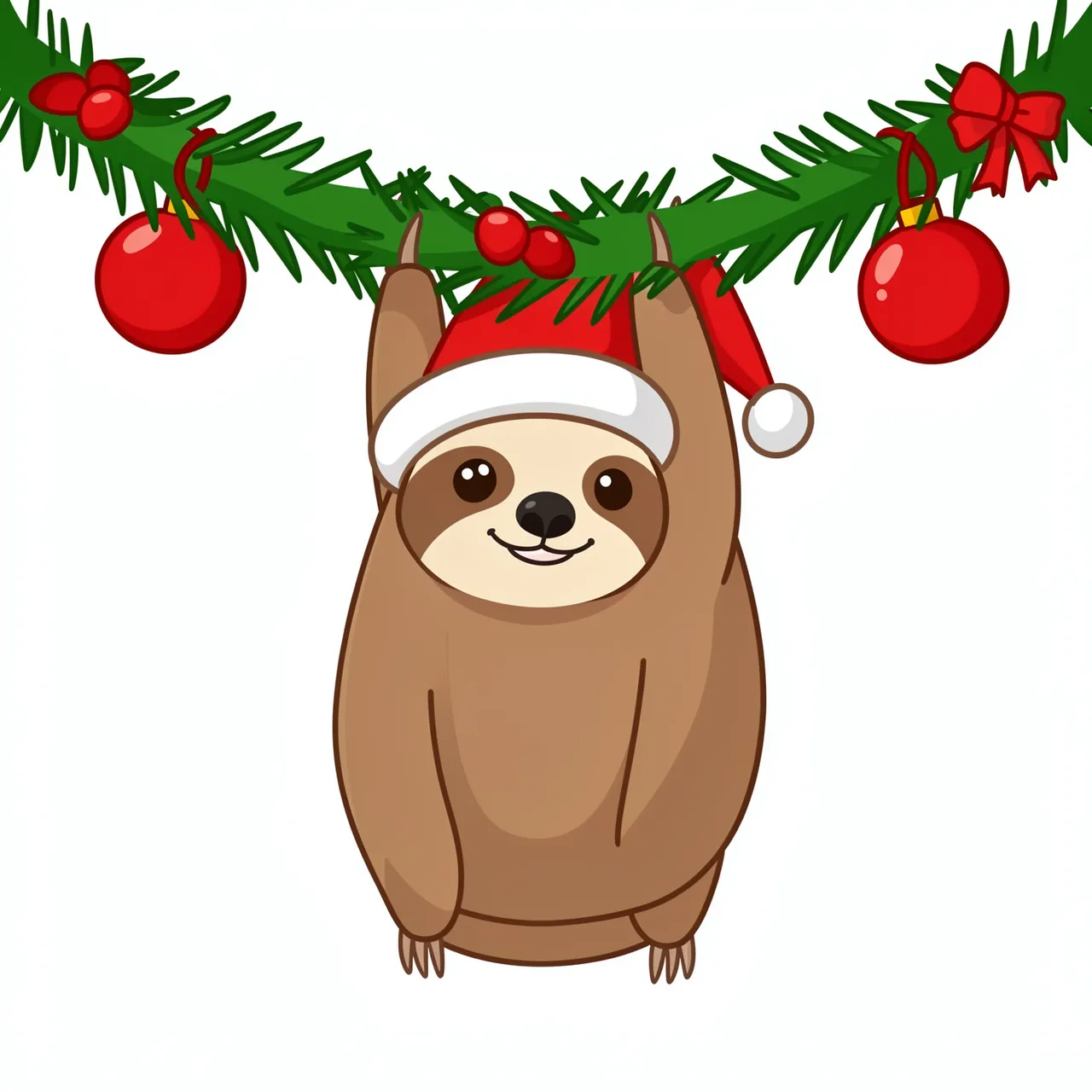 Cute flat vector sloth in a Santa hat hangs from a decorated Christmas pine garland against a white background