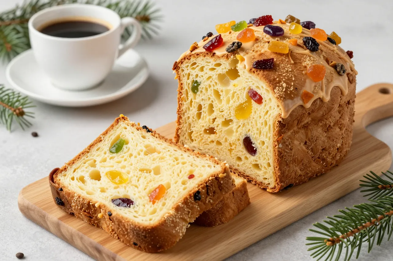 Sliced candied panettone rests on a wooden board beside a coffee cup and pine sprigs for the holidays