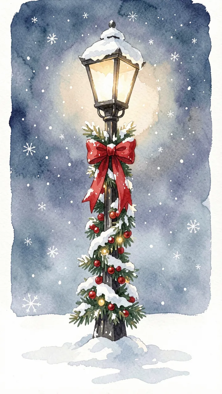 Watercolor illustration of a glowing snow-covered lamppost wrapped in holiday garland with a red bow on a snowy Christmas