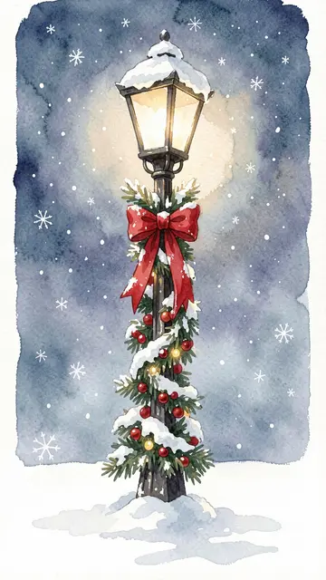 Watercolor illustration of a glowing snow-covered lamppost wrapped in holiday garland with a red bow on a snowy Christmas